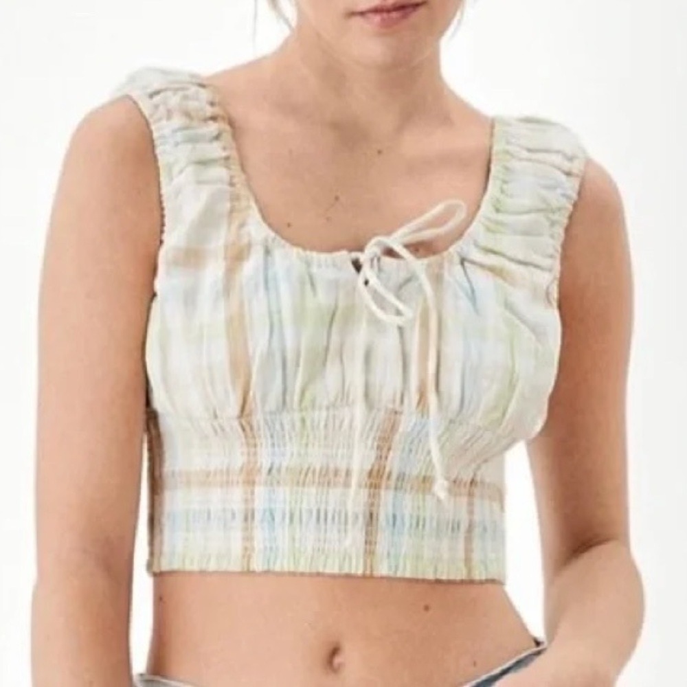 AMERICAN EAGLE Cotton Linen Plaid Smock And Roll‎ Tie Front Smocked Top Medium